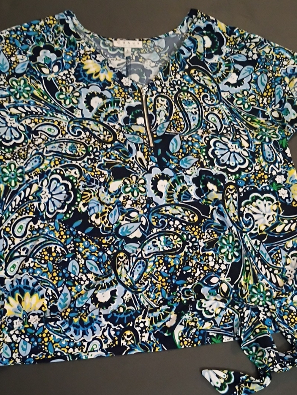 Chaus New York Navy Blue Paisley Floral V-Neck Blouse Zipper Detail Side Tie